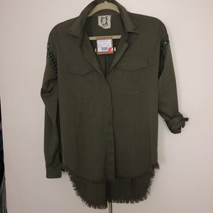 Army green blouse with arm detail/frayed bottom